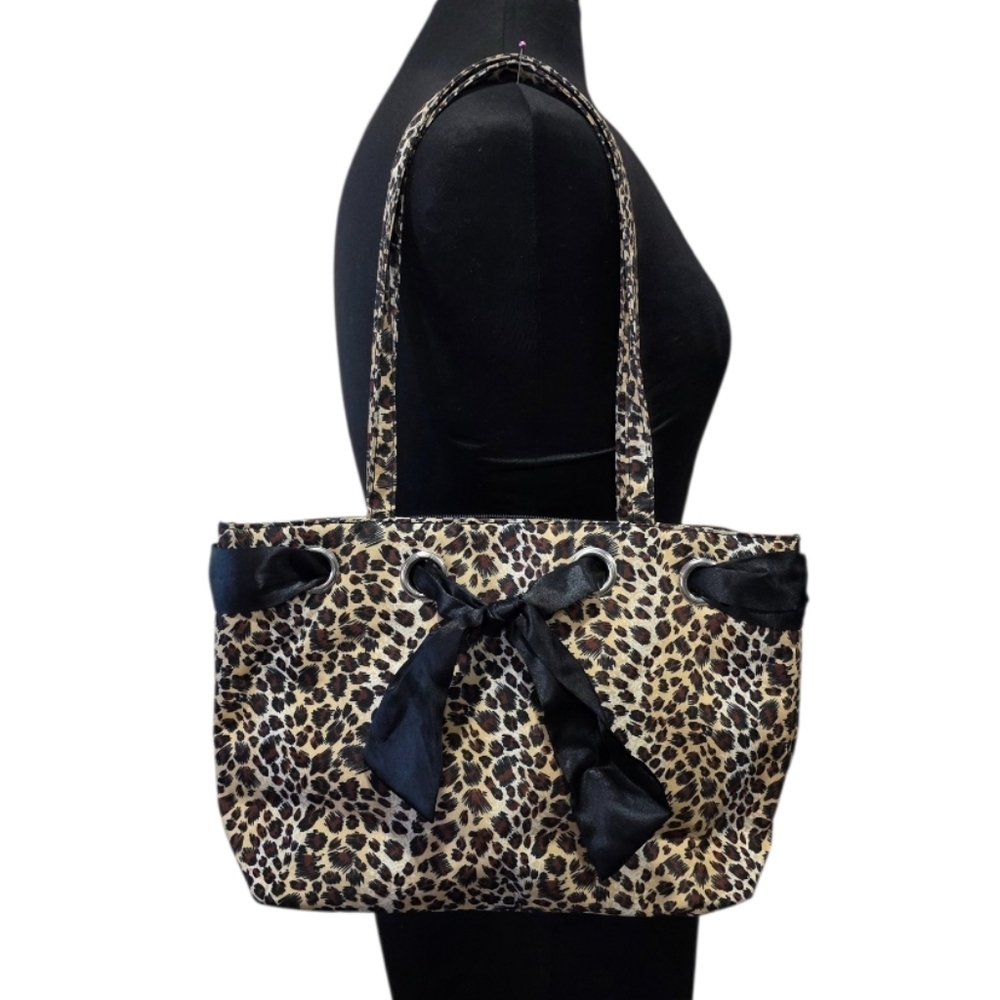 Vintage Boutique Handbag Leopard Print Tote with Black Satin Bow Lightweight